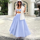 Blue Straps Low Cut Crop Tops Striped Two Pieces Skirt Dress Sets