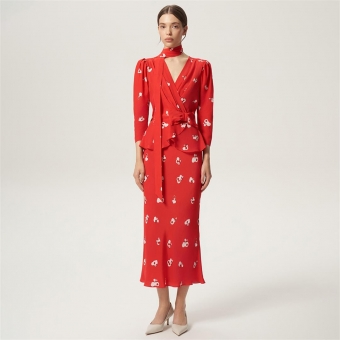 Red Printed Two Pieces Long Sleeve Irregular Tops Slim Fit Bodycon Club Midi Skirt Dress