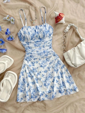 Blue Printed STraps Women Mesh Party Cute Girl's Mini Dress