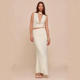 Apricot Two Pieces Low Cut Crop Tops Elgeant Women Pleated Midi Skirt Dress