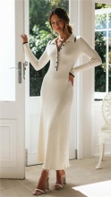 Apricot Long Sleeve Knitted Single Breasted Women Elegant Prom Long Dress