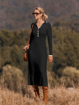 Black Long Sleeve Knitted Single Breasted Women Elegant Prom Long Dress