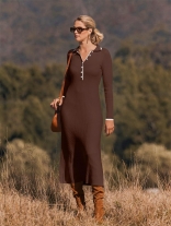 Brown Long Sleeve Knitted Single Breasted Women Elegant Prom Long Dress