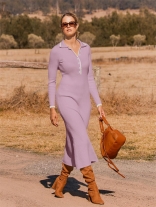 Light Purple Long Sleeve Knitted Single Breasted Women Elegant Prom Long Dress
