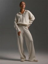 White Women's Knitted Pullover Polo Tops Wide Leg Long Pant Sweater Sets