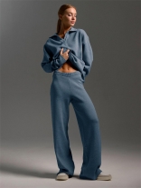 Blue Women's Knitted Pullover Polo Tops Wide Leg Long Pant Sweater Sets