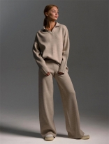 Khaki Women's Knitted Pullover Polo Tops Wide Leg Long Pant Sweater Sets