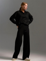 Black Women's Knitted Pullover Polo Tops Wide Leg Long Pant Sweater Sets