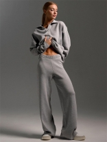 Gray Women's Knitted Pullover Polo Tops Wide Leg Long Pant Sweater Sets