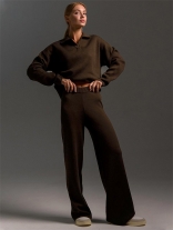Brown Women's Knitted Pullover Polo Tops Wide Leg Long Pant Sweater Sets