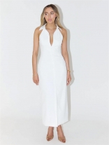 White Women Sleeveless Single Breasted Office Lady Fashion Midi Dress