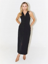 Black Women Sleeveless Single Breasted Office Lady Fashion Midi Dress