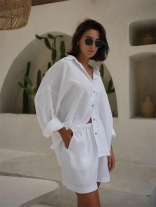 White Women Two Pieces Cotton Long Sleeve Single Breasted Tops High Waist Trousers Short Sets