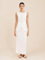 White Sleeveless Single Breasted Tops Women Slit Side Midi Skirt Dress Sets