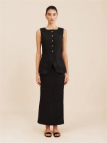 Black Sleeveless Single Breasted Tops Women Slit Side Midi Skirt Dress Sets