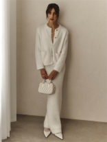 White Plush Long Sleeves Single-Breasted Cardigan Skirt Suit Midi Dress Sets