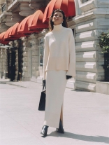 White Women's Two Pieces Knitting Sweaters Loose Fit Slit Long Dress Skirt Sets