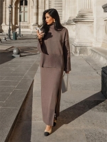 Brown Women's Two Pieces Knitting Sweaters Loose Fit Slit Long Dress Skirt Sets
