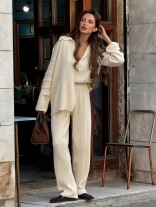 Apricot Women's Long Sleeve Knitted Cardigan Wide Leg Striped Sweaters Suits