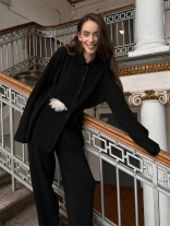Black Women's Long Sleeve Knitted Cardigan Wide Leg Striped Sweaters Suits