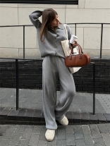 Gray Women's Long Sleeve Knitted Cardigan Wide Leg Striped Sweaters Suits