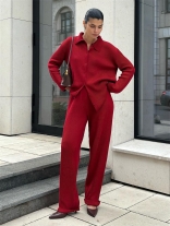 Red Women's Long Sleeve Knitted Cardigan Wide Leg Striped Sweaters Suits