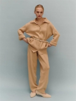Khaki Women's Long Sleeve Knitted Cardigan Wide Leg Striped Sweaters Suits