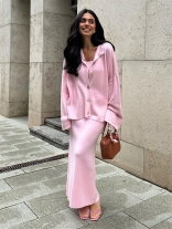 Pink Knitted Long Sleeved Cardigan Vest Midi Skirt SuitS for Women's Autumn & Winter Sweater Sets