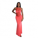Red Sleeveless Mesh See Through Bow Knot Pleated Elegant Maxi Dress