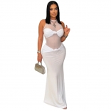 White Sleeveless Mesh See Through Bow Knot Pleated Elegant Maxi Dress