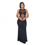 Black Sleeveless Mesh See Through Bow Knot Pleated Elegant Maxi Dress