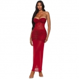 Red Off Shoulder Diamonds Mesh See Through Bodycon Midi Prom Dress