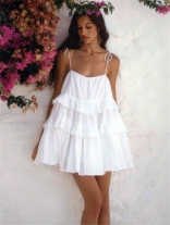 White Straps Off Shoulder Ruffles Women Cute Pleated Skirt Dress
