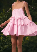 Pink Straps Off Shoulder Ruffles Women Cute Pleated Skirt Dress