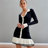 Black Knitted Long Sleeve Pearls Single Breasted Fashion Lady's Ruffles Mini Dress