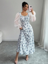 White Mesh Long Sleeve Printed V Neck Floral Bodycon Pleated Maxi Dress