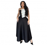 Black Strapless Button Crop Tops Elegant Pleated Fashion Maxi Dress