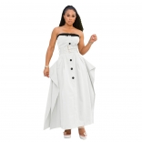 White Off Shoulder Strapless Single Breasted Belted Fashion Women Maxi Dress