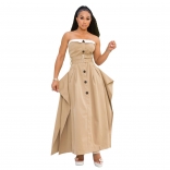 Khaki Off Shoulder Strapless Single Breasted Belted Fashion Women Maxi Dress