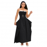 Black Off Shoulder Strapless Single Breasted Belted Fashion Women Maxi Dress