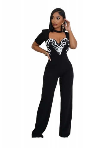 Black Short Sleeve Stripes V Neck Bodycon Women Party Sexy Jumpsuit