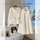 Apricot Knitting Long Sleeve Fashion Tops Slim Women Elegant Skirt Sets Dress