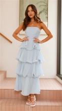 Blue Off Shoulder Ruffles Pleated Women Vacation Sexy Long Dress