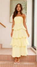 Yellow Off Shoulder Ruffles Pleated Women Vacation Sexy Long Dress