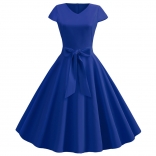 Blue Women's Retro V Neck Autumn Casual Solid Short Sleeve Pleated Midi Skirt Dress