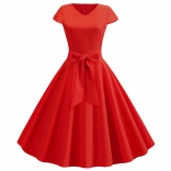 Red Women's Retro V Neck Autumn Casual Solid Short Sleeve Pleated Midi Skirt Dress