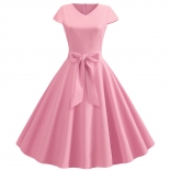 Pink Women's Retro V Neck Autumn Casual Solid Short Sleeve Pleated Midi Skirt Dress