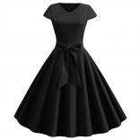 Black Women's Retro V Neck Autumn Casual Solid Short Sleeve Pleated Midi Skirt Dress
