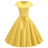 Yellow Women's Retro V Neck Autumn Casual Solid Short Sleeve Pleated Midi Skirt Dress