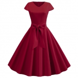 Claret Women's Retro V Neck Autumn Casual Solid Short Sleeve Pleated Midi Skirt Dress